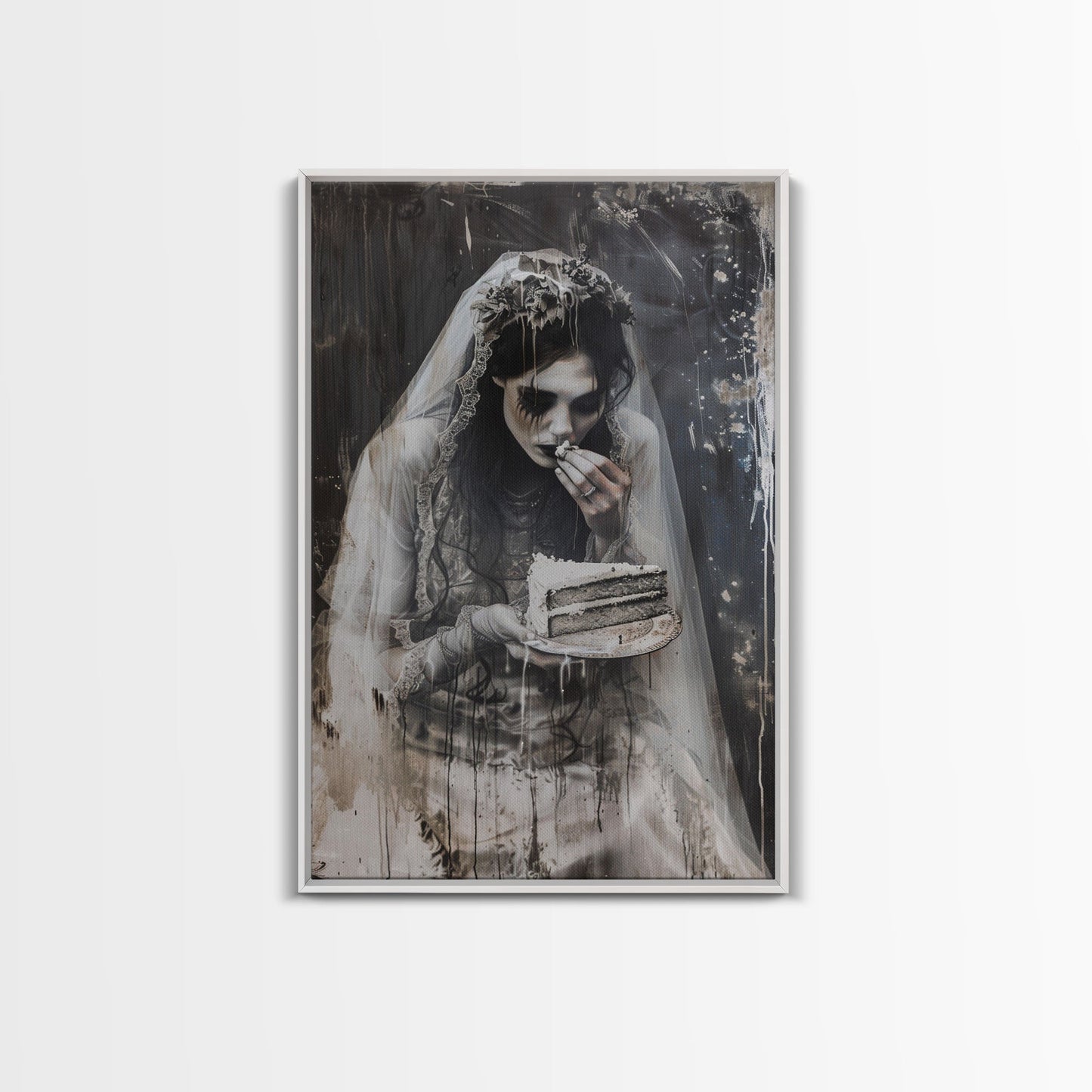 Melancholic Ghost Bride Having A Slice of Birthday Cake, Framed Canvas Print, Halloween Decor