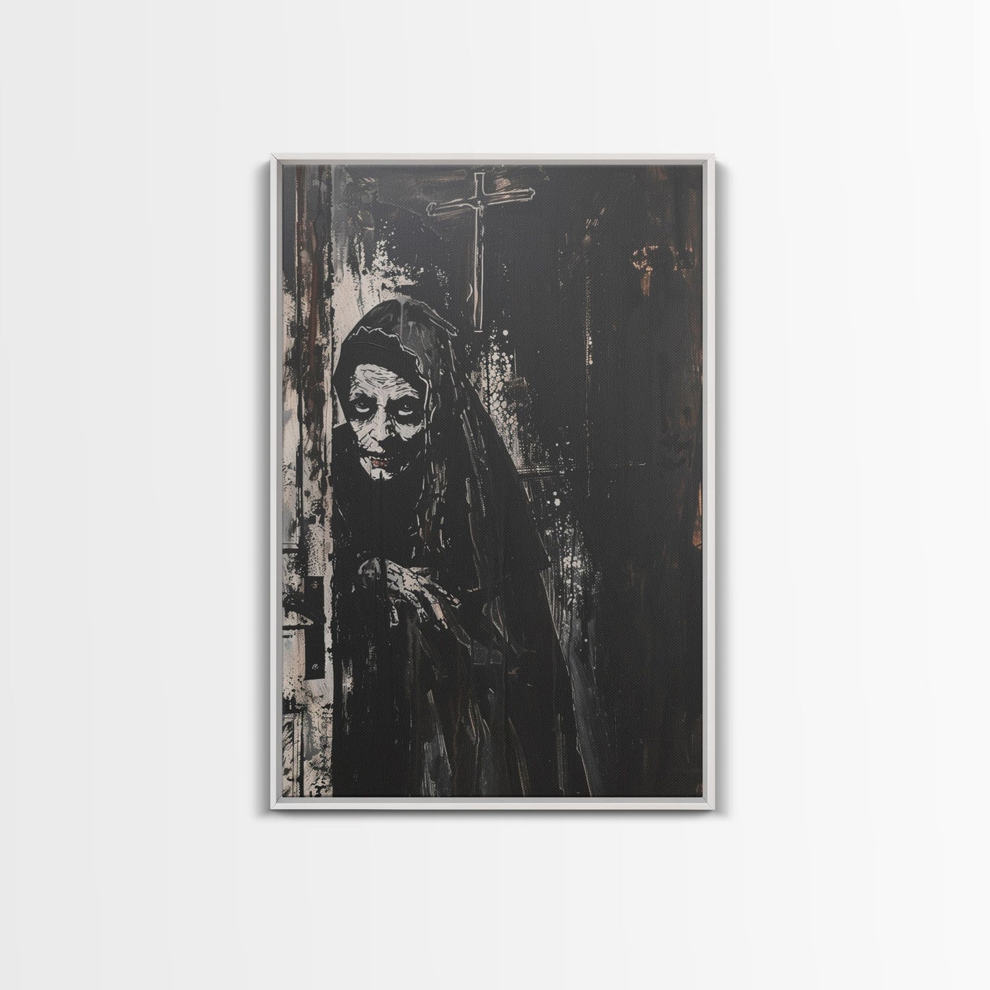 Haunted Nun with Eerie Expression, Framed Canvas Print, Gothic Halloween Art, Spooky Religious Decor, Scary Nun Painting, Gothic Home Art