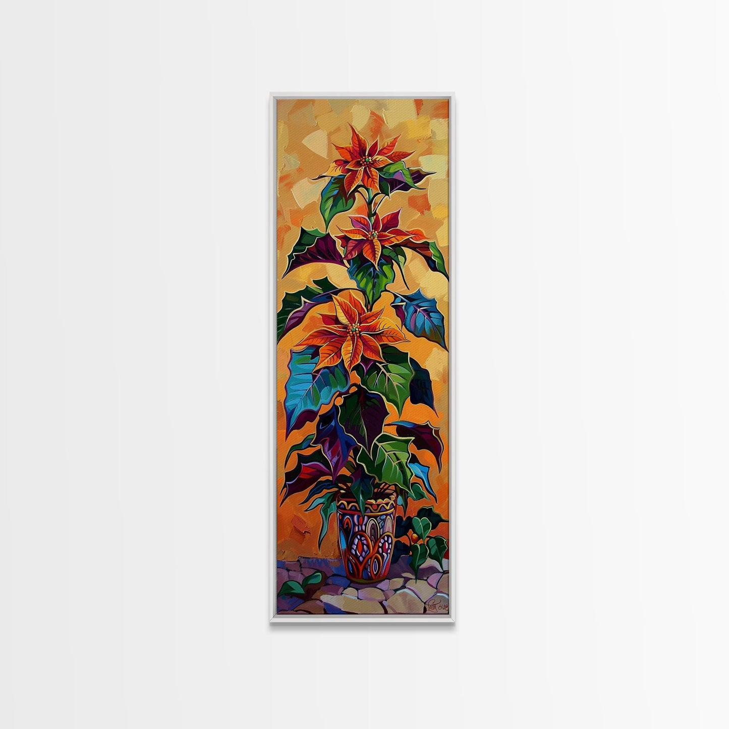 Oversized Spanish Style Poinsettia Canvas Painting Framed and Printed, Botanical Wall Art, Textured Canvas Painting, Vertical Framed Art