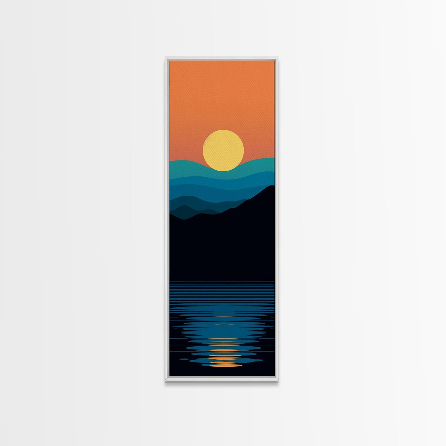 Minimalist Sunset Over Mountains Midcentury Modern Art - Framed Canvas Print, Boho Art, Skinny Art, Living Room Art, Bedroom Decor, Landscape
