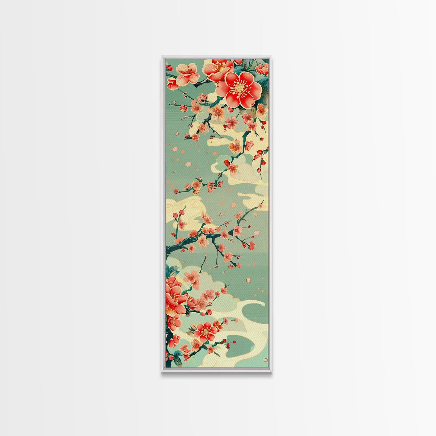 Plum Blossoms, Turquoise Sky, Japanese Art, Skinny Art, Tall Art, Framed Canvas Print, Ukiyo-e Style