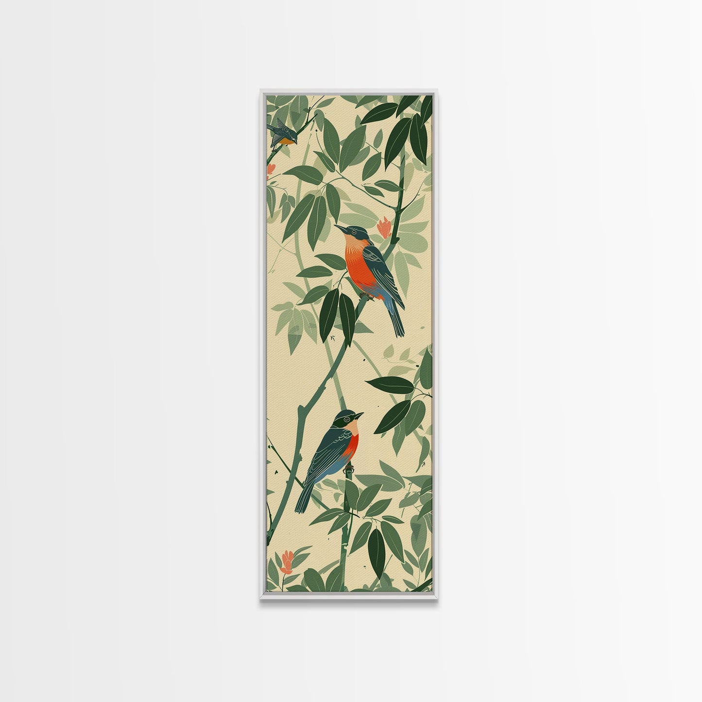 Skinny Art Tall Art Framed Canvas Print Birds Amongst Dense Greenery And Red Flowers Ukiyo-e Japanese Style Art Wood Block Print