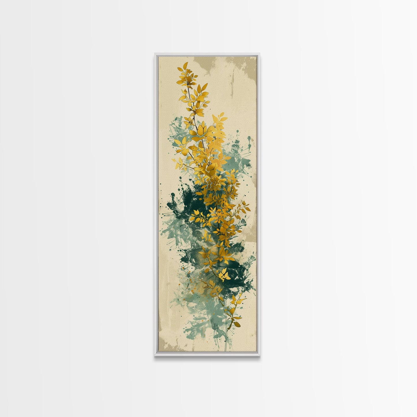 Golden Foliage Set Against Green Textured Background Skinny Art Tall Art Framed Canvas Print Japanese Style Art Ukiyo-e Art Wood Block Print Natural Elegant