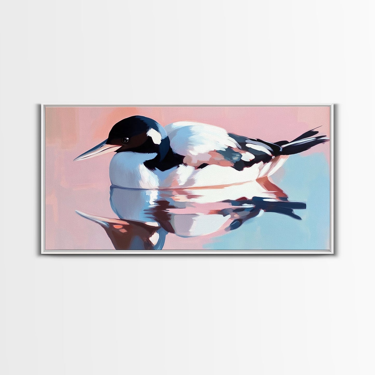Waterfowl Reflection, bird art, lake Tahoe art, coastal painting, wildlife decor, pink orange wall art, framed canvas print