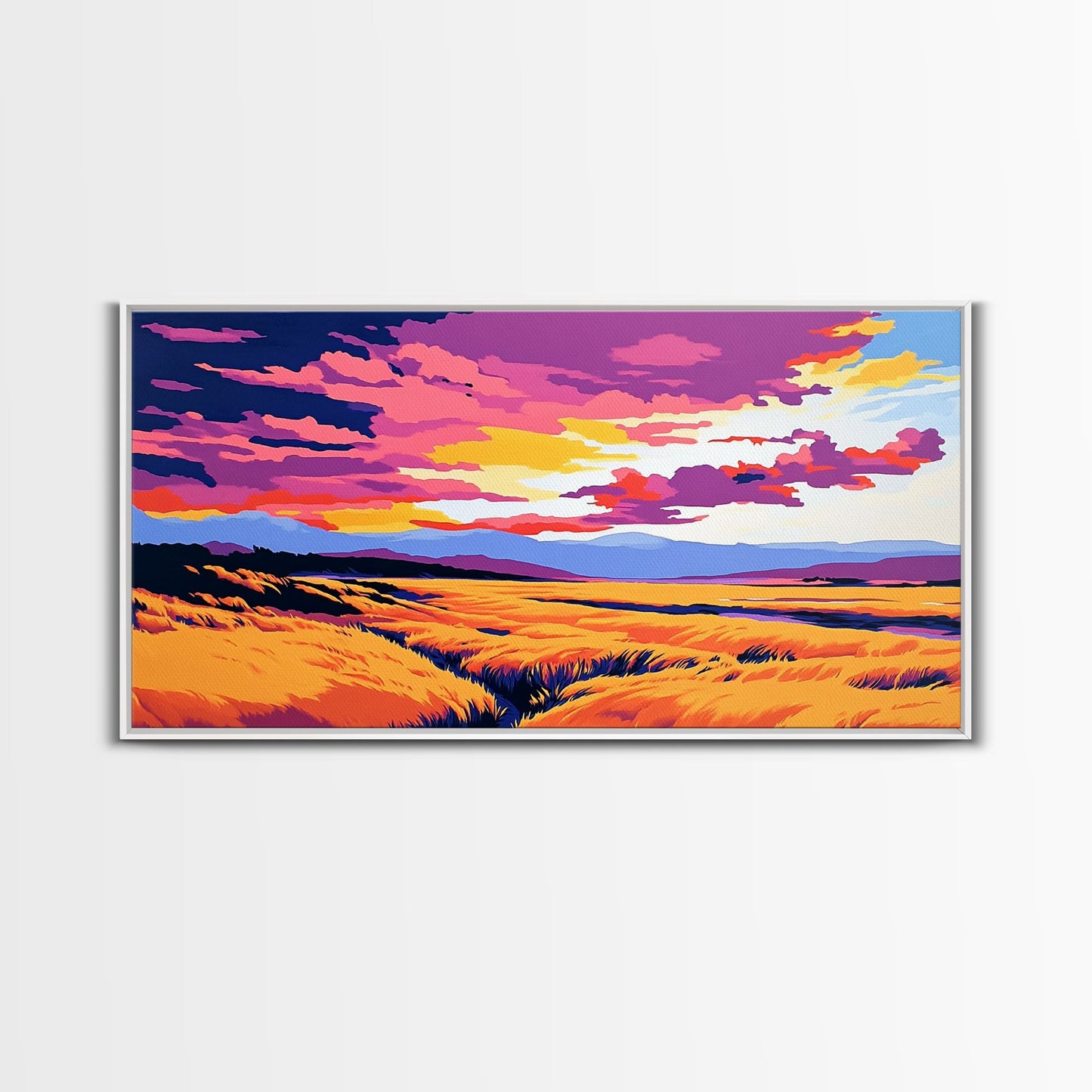 Golden Meadow, landscape painting, farmhouse art, moody art, above bed wall art, wabi sabi art, extra wide art, framed canvas print