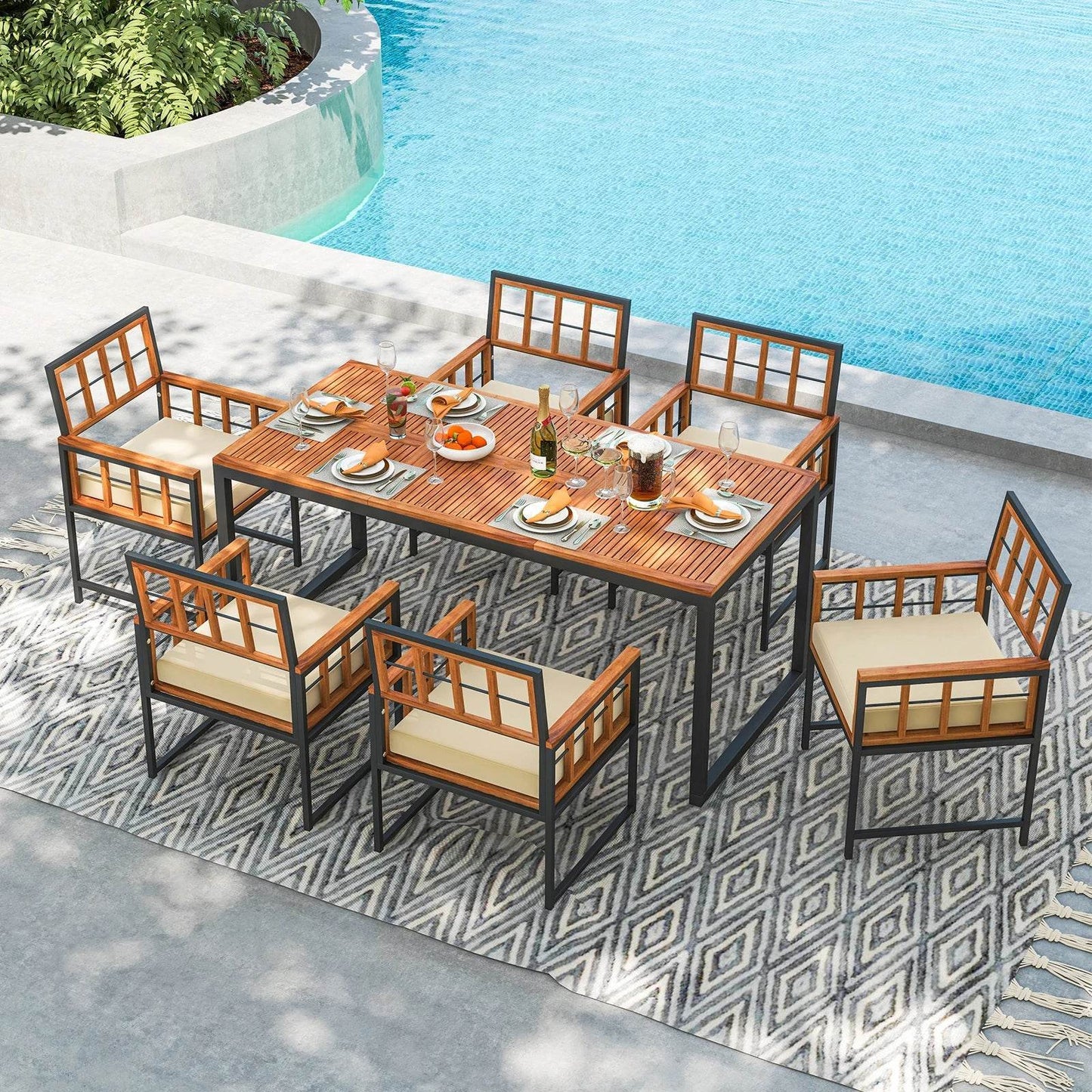 7 Piece Outdoor Patio Dining Set with Acacia Wood Table