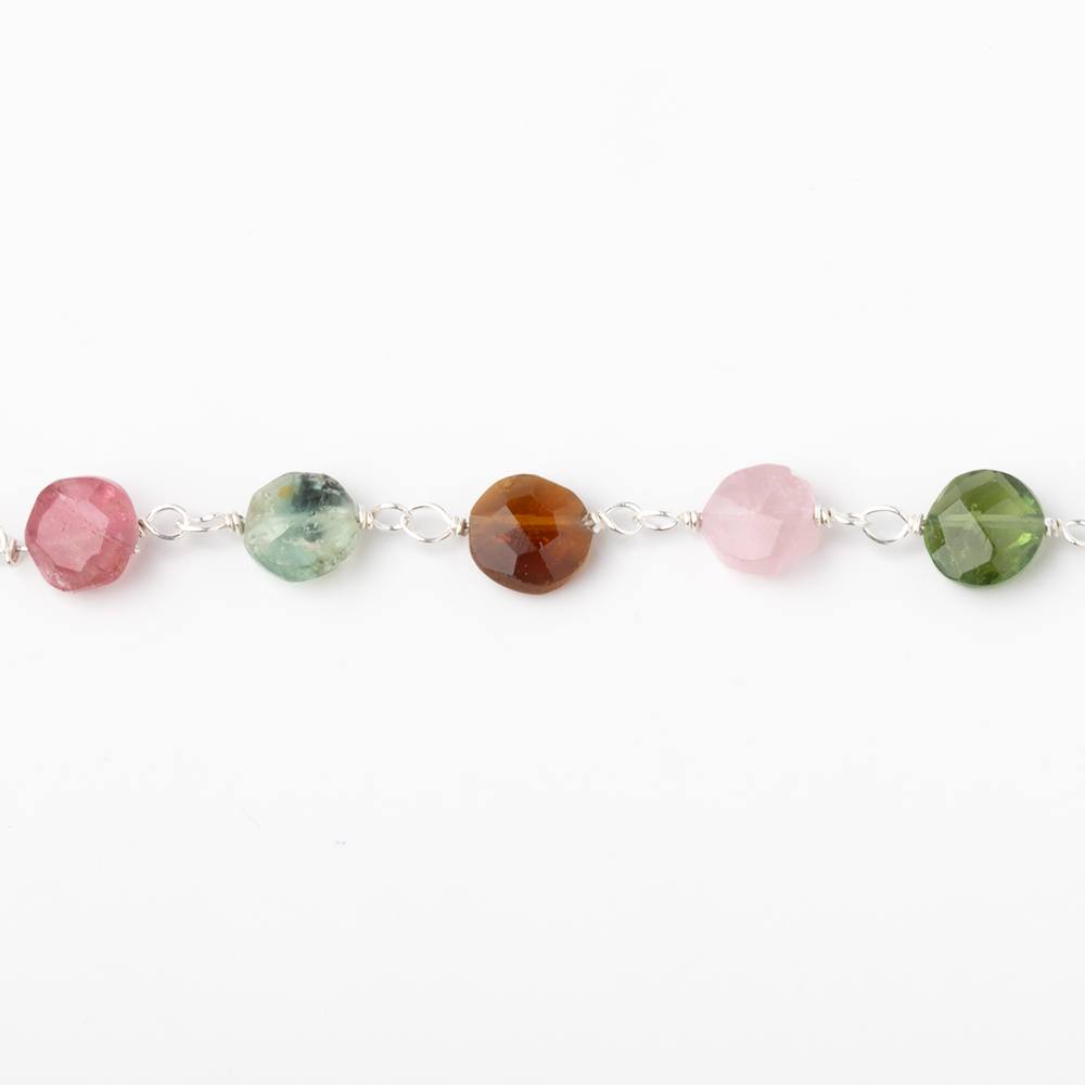 5mm Multi Color Tourmaline Faceted Coins on Sterling Silver Chain