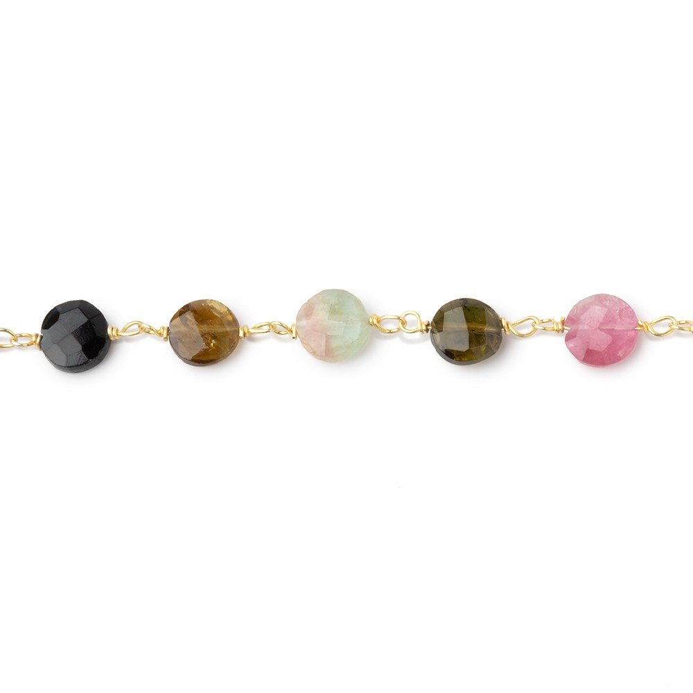 5mm Multi Color Tourmaline Faceted Coins on Vermeil Chain