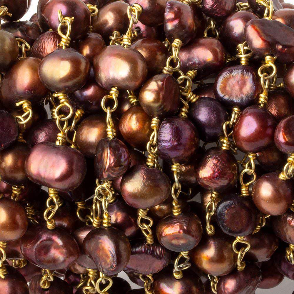 5x5-7x5mm Purplish Brown Side Drill Baroque Pearl Gold plated Chain by the foot 28 pcs