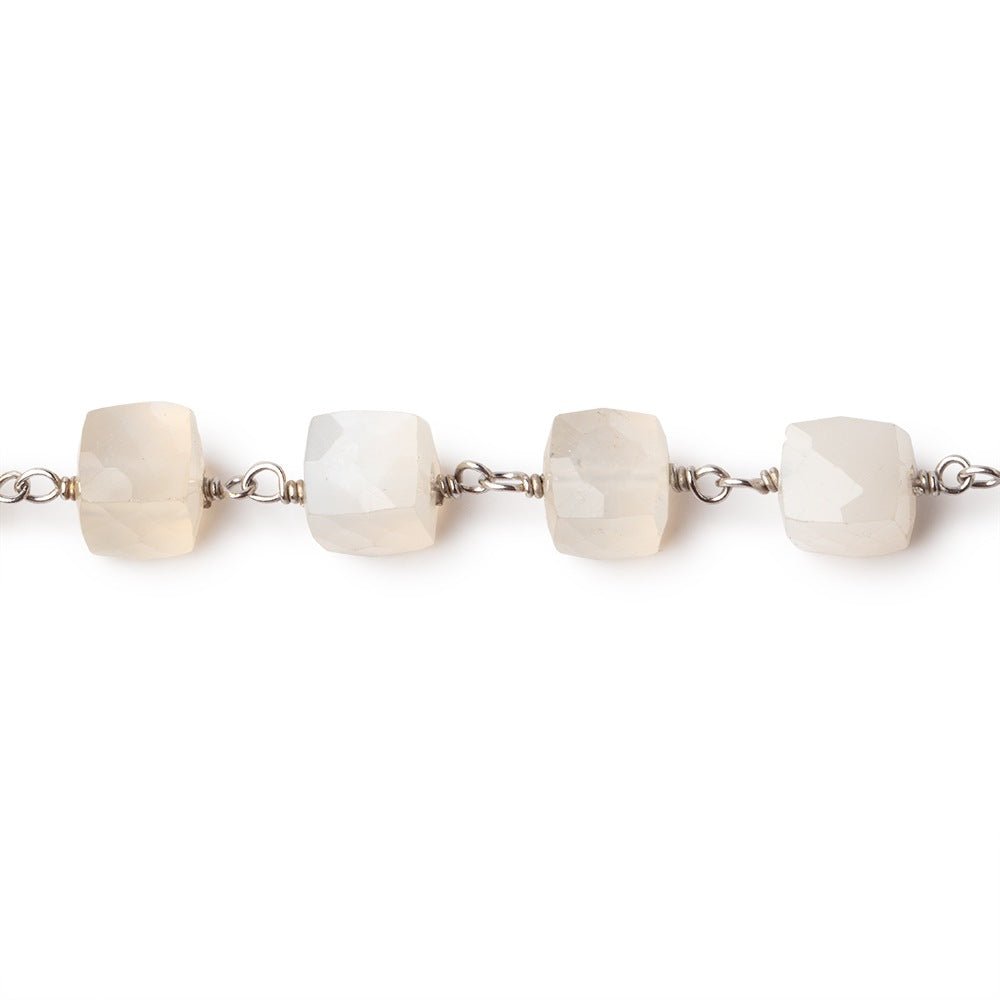 6-6.5mm Cream Moonstone Faceted Cubes on .925 Sterling Silver Chain