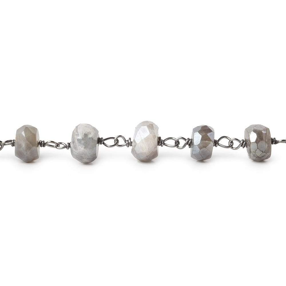 6-6.5mm Silver Mystic Grey Moonstone faceted rondelle Black Gold .925 Silver Chain by the foot 35 beads