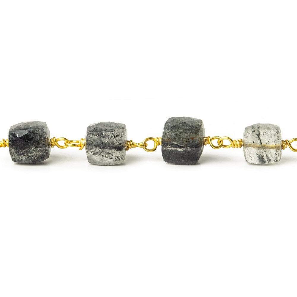 6-7.5mm Black Tourmalinated Quartz faceted cube Vermeil Chain by the foot