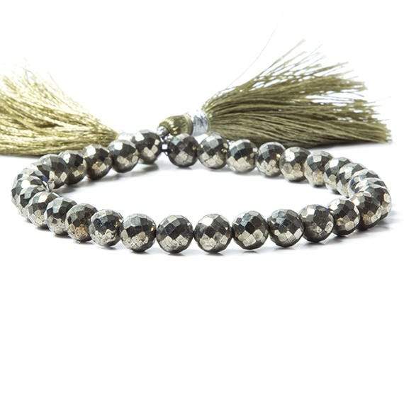 6-7mm Golden Pyrite faceted round beads 8 inches 32 beads