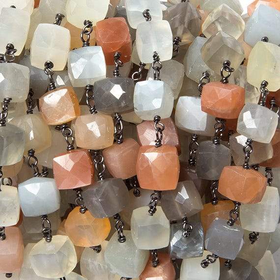 6-8mm MultiColor Moonstone cube Black Gold plated Silver Chain by the foot
