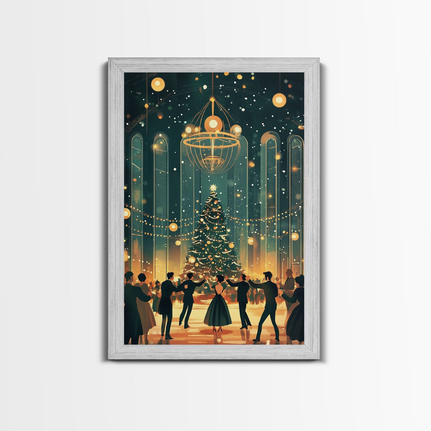 Elegant Ballroom Christmas Dance Scene with Holiday Lights and Decorations, Perfect Holiday Decor for Winter Wonderland, Framed Canvas Print