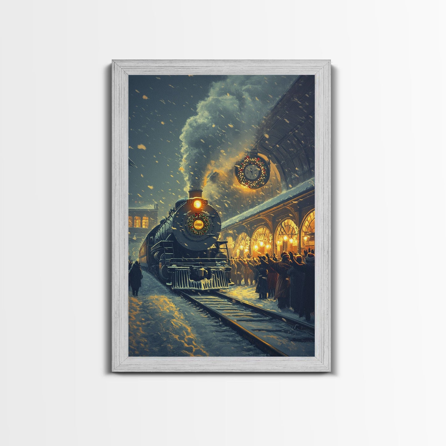 Nostalgic Christmas Train Station Scene in Snowy Winter Night, Ideal for Holiday Decor, Framed Canvas Print