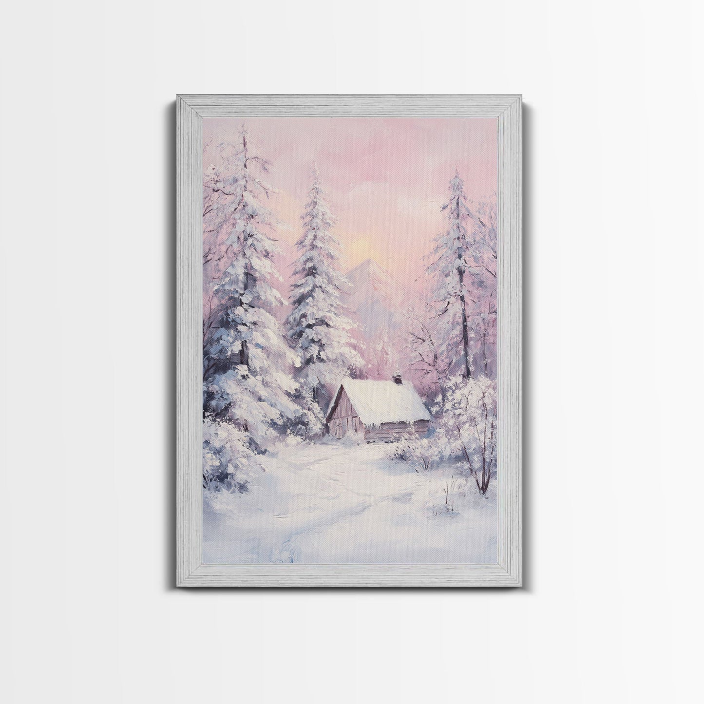 Pink Snowy Cabin Landscape Framed Canvas Print Wall Art Winter Wonderland Decor, Christmas Art Gift, Rustic Winter Scene Art