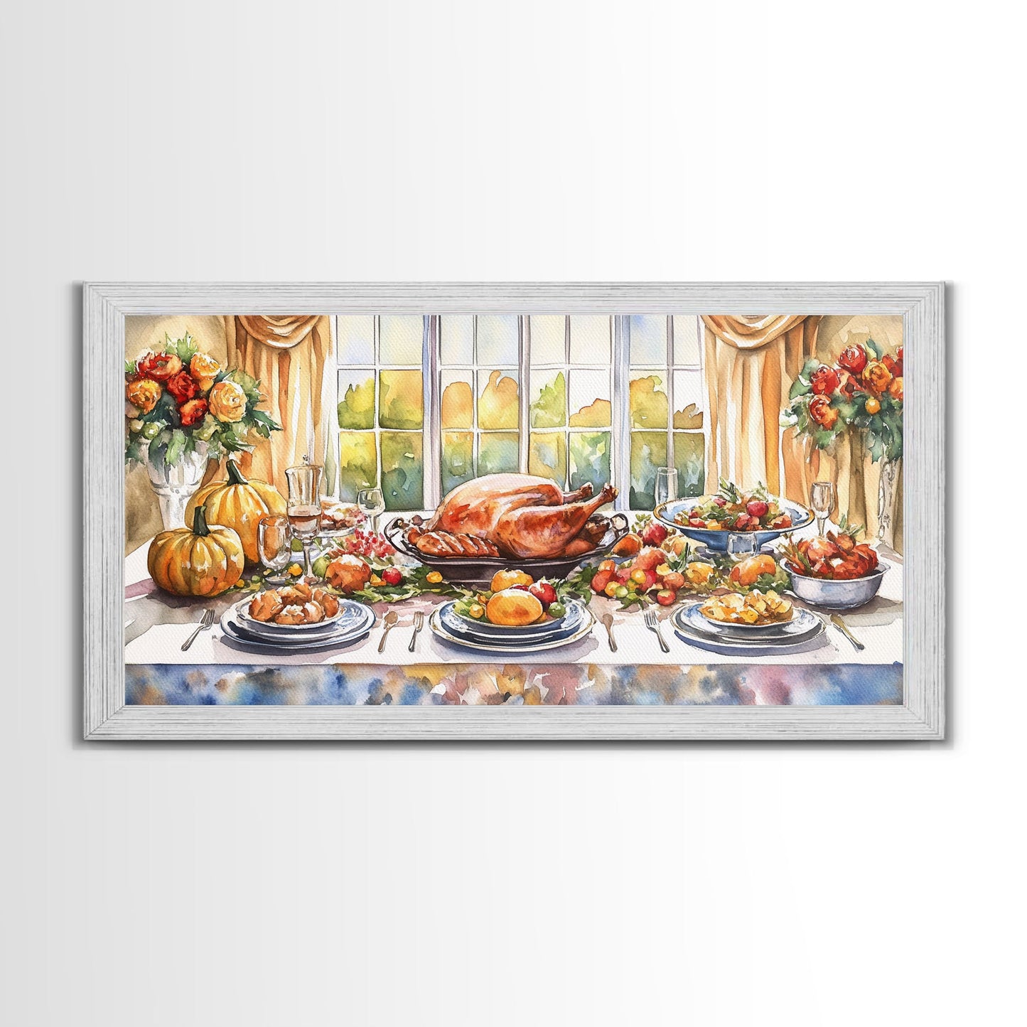 Framed Canvas Print Autumn Thanksgiving Dinner Table Art with Pumpkins, Perfect Fall Home Decor, Seasonal Wall Art, and Gallery Wall Piece