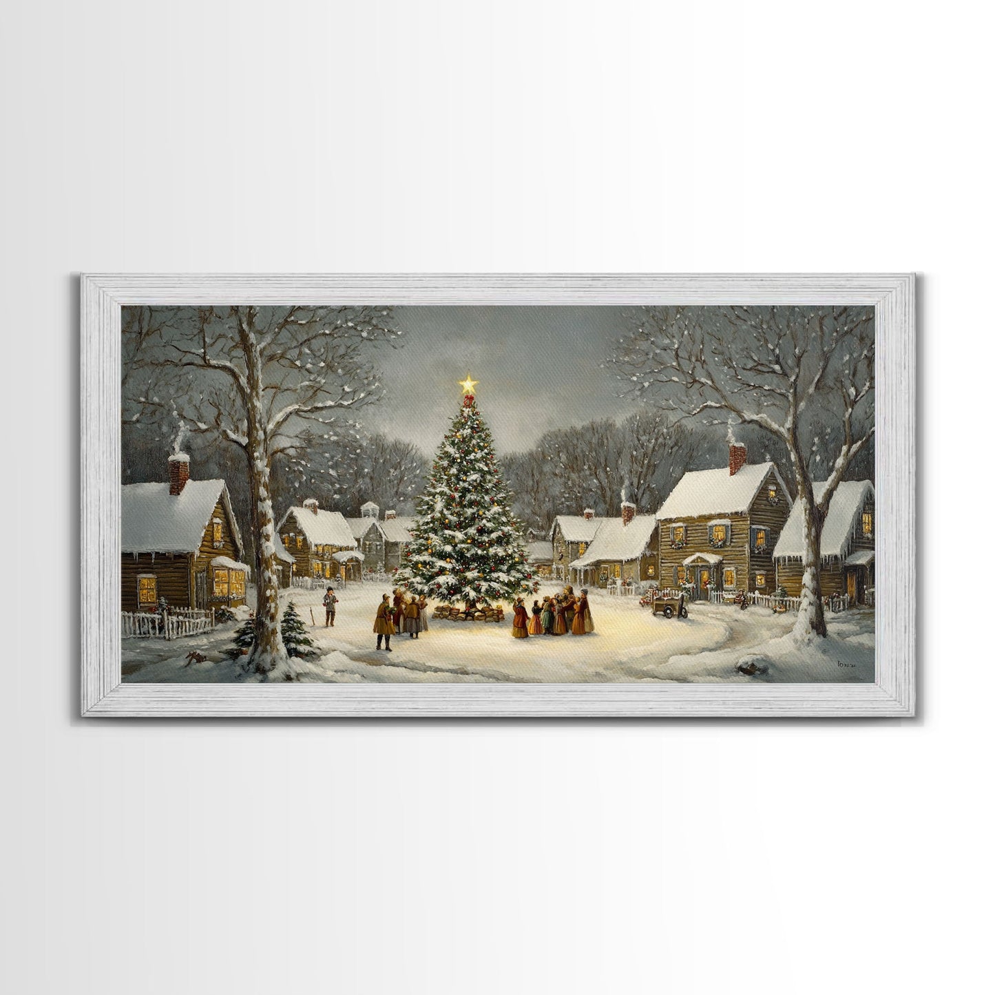Large Christmas Tree In Snowy Village With Families, Winter Wonderland Holiday Wall Art, Framed Canvas Print, Rustic Christmas Decor