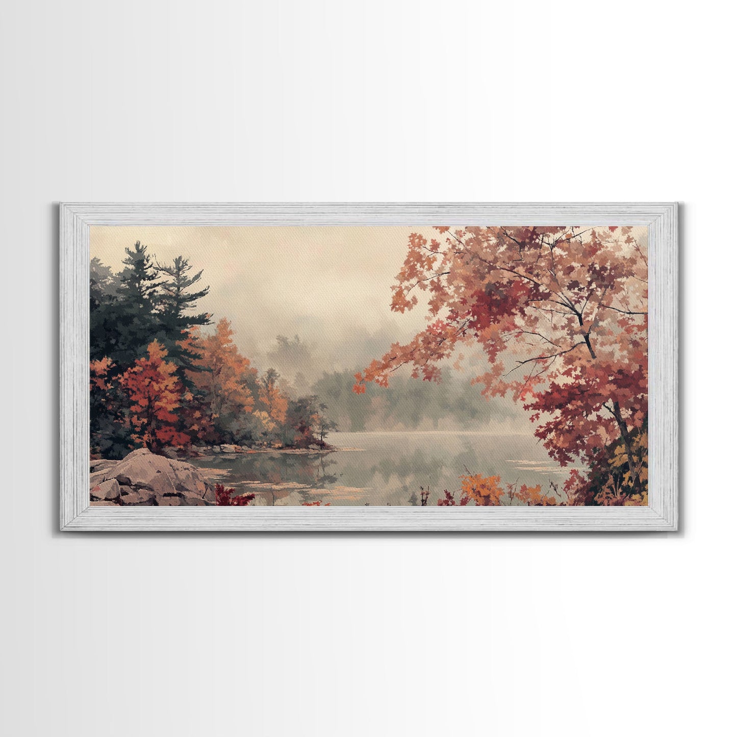Misty Lake and Autumn Trees Framed Canvas Print, Tranquil Landscape Art, Fall Nature Scene Wall Art, Seasonal Fall Decor, Gallery Wall