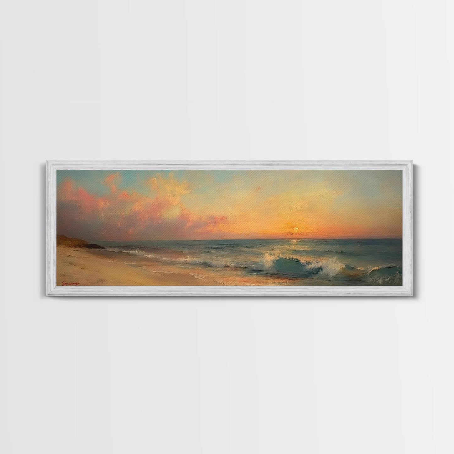 Ocean Waves Crash Into a Hidden Beach at Sunset, Framed Canvas Print, Panoramic Boho Seascape Painting