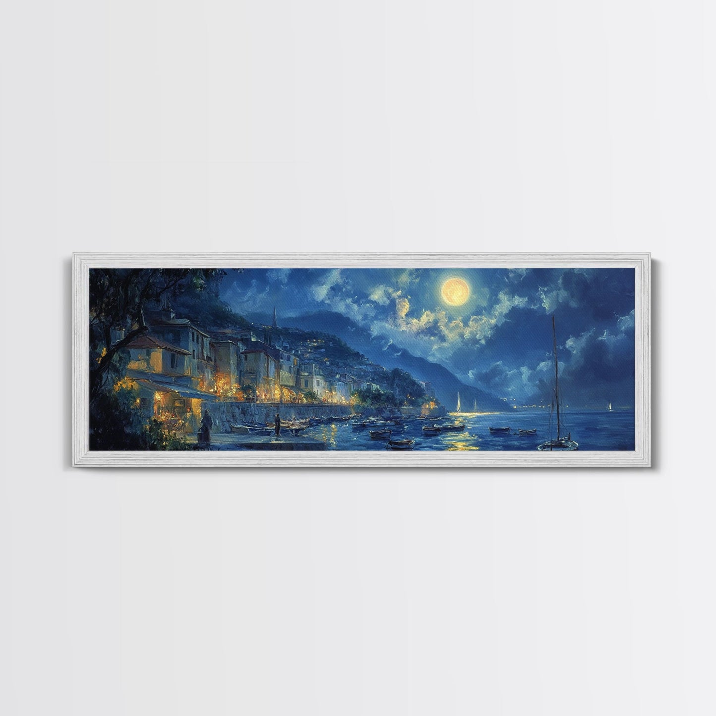 Italian Fishing Village at Midnight Under a Full Moon, Framed Canvas Print, Panoramic Wall Art, Eclectic Boho Home Decor, Wide Oversized Wall Art