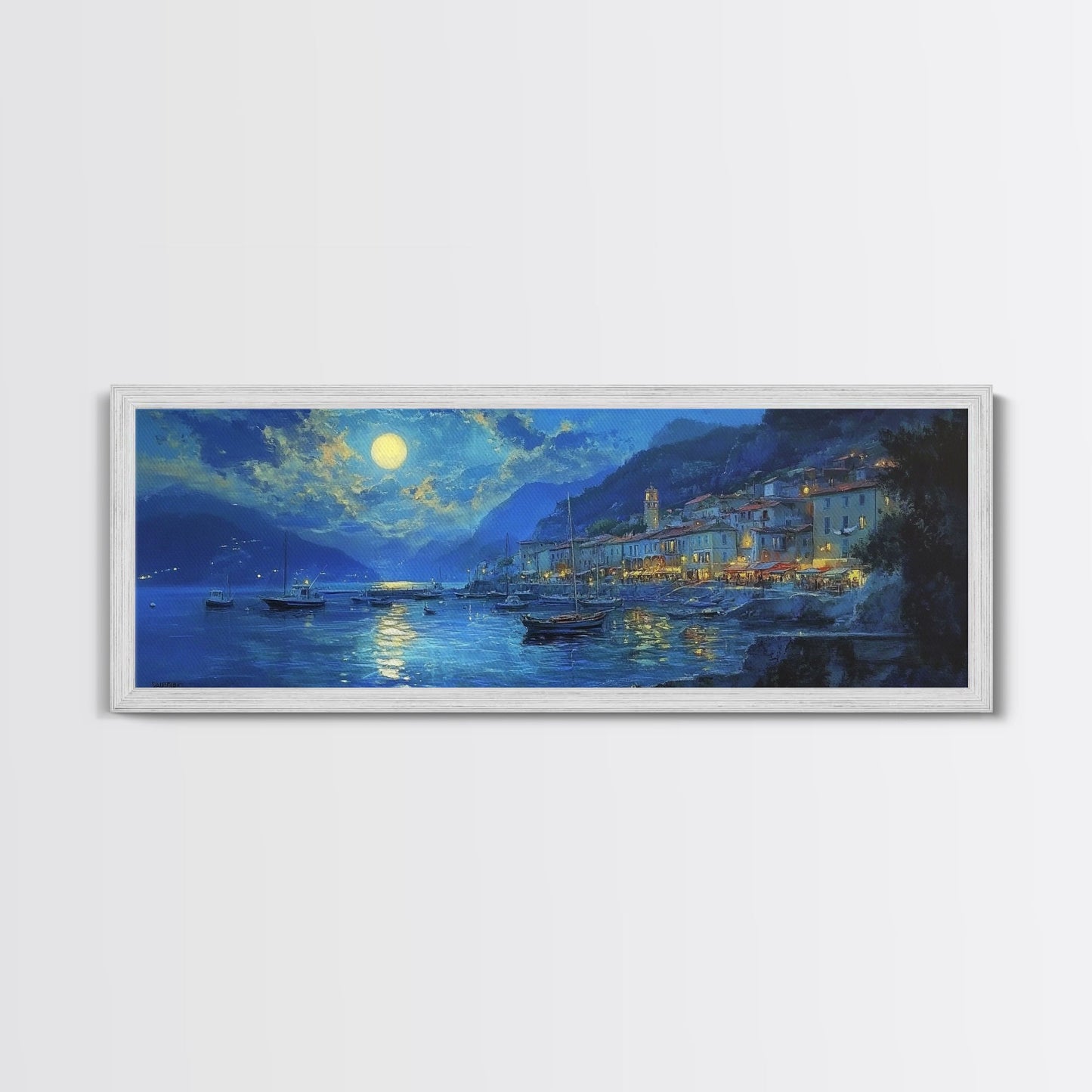 Midnight in Italy - Full Moon - Italian Oil Painting Canvas Print - Whimsical / Eclectic Landscape Painting - Minimalist Boho Home Decor