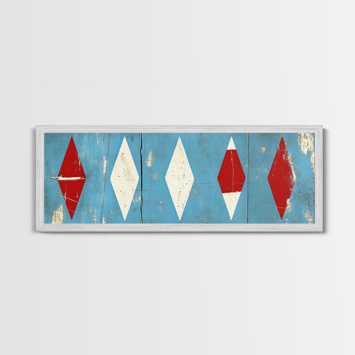 Red & White Diamonds - Framed Canvas Print - Rustic / Distressed MCM Mashup Home Decor - Turquoise Background