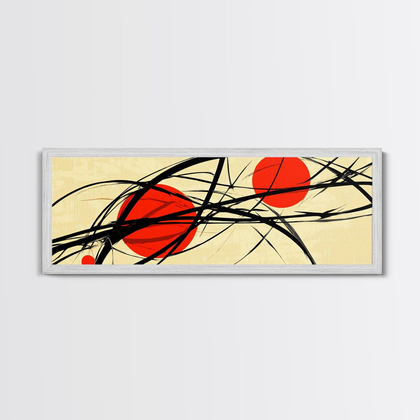 Sun Streaks - 3 Red Suns with Black Streams, Framed Canvas Print, MCM Style Geometric Abstract Wall Art
