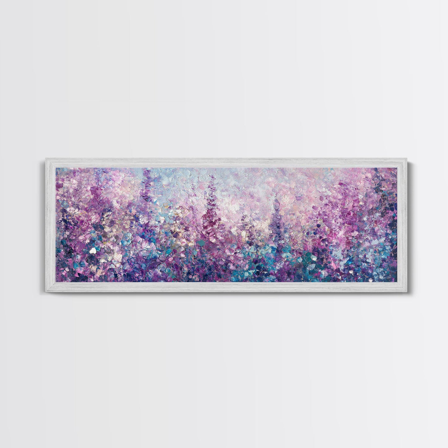 Purple Flower Painting, Lavender and Lilacs, Framed Canvas Print, Boho Style Panoramic Painting Wall Art, Purple and Blue Flowers