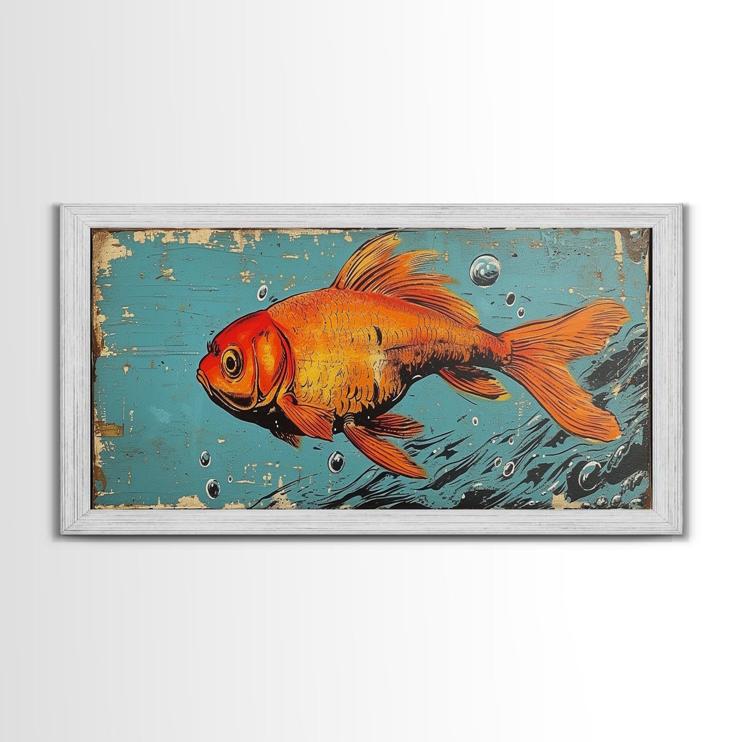 Retro 80s Style Painting of a Gold Fish, Framed Canvas Print, Home Decor Gift Artwork, Fish Painting, Fish Art