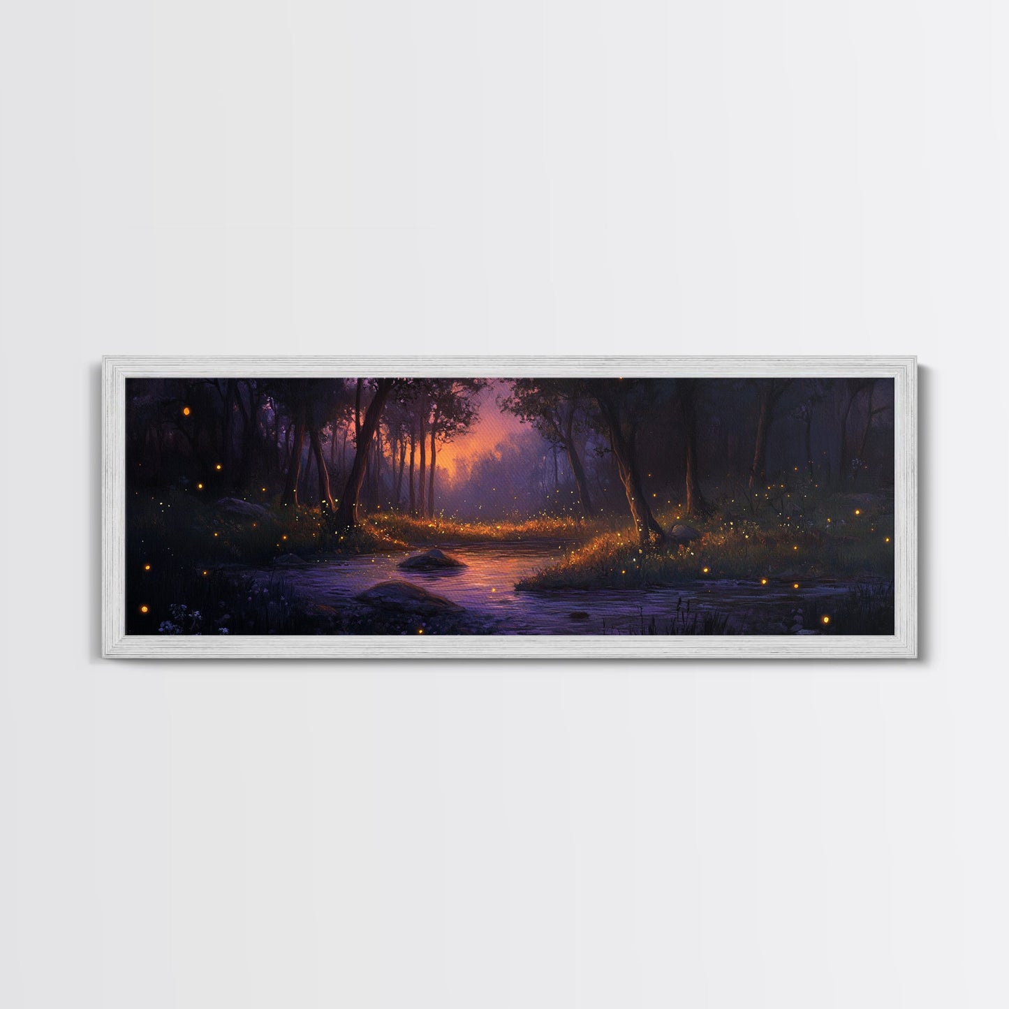 Panoramic Fantasy Forest Canvas Print, Fireflies Light Up The Night Sky in A Fantasy Forest, Fantasy Painting