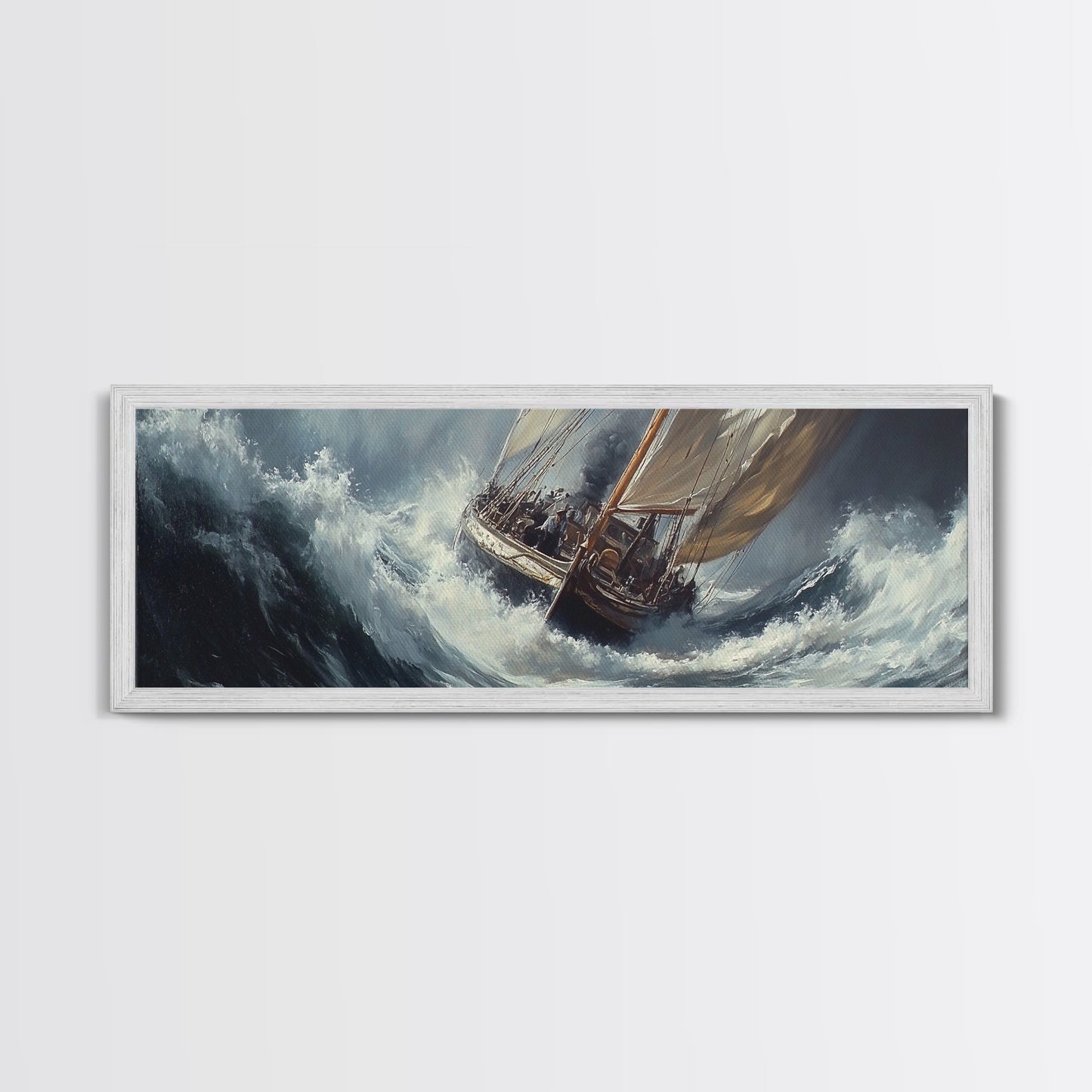 The Storm and the Sailboat Framed Canvas Print - Sailboat Painting - Nautical Decor - Hurricane Painting - Nautical Sailboat Landscape Painting