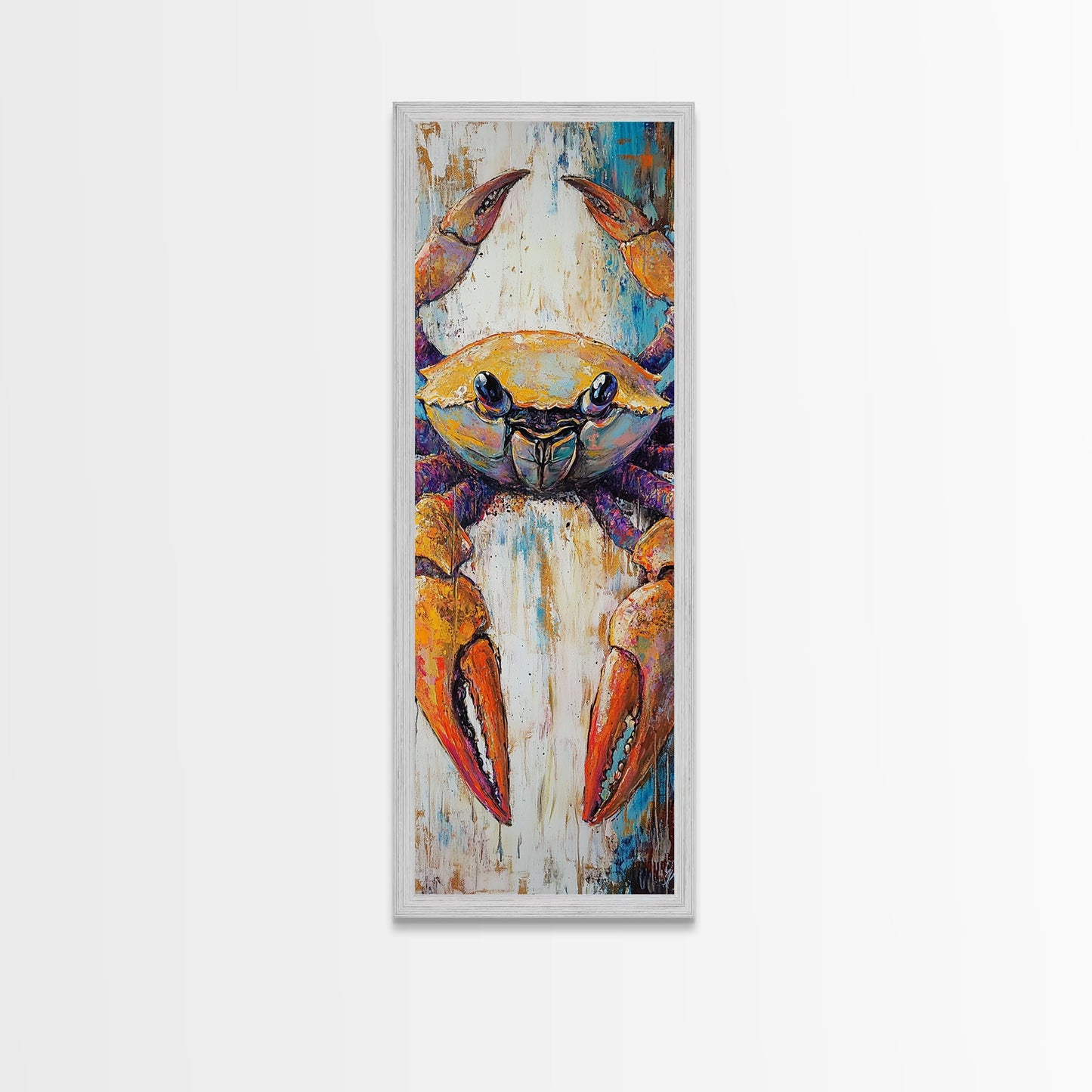Colorful crab, coastal cowgirl wall art, crayfish painting, nautical wall art, framed canvas print, tall skinny art, rustic décor