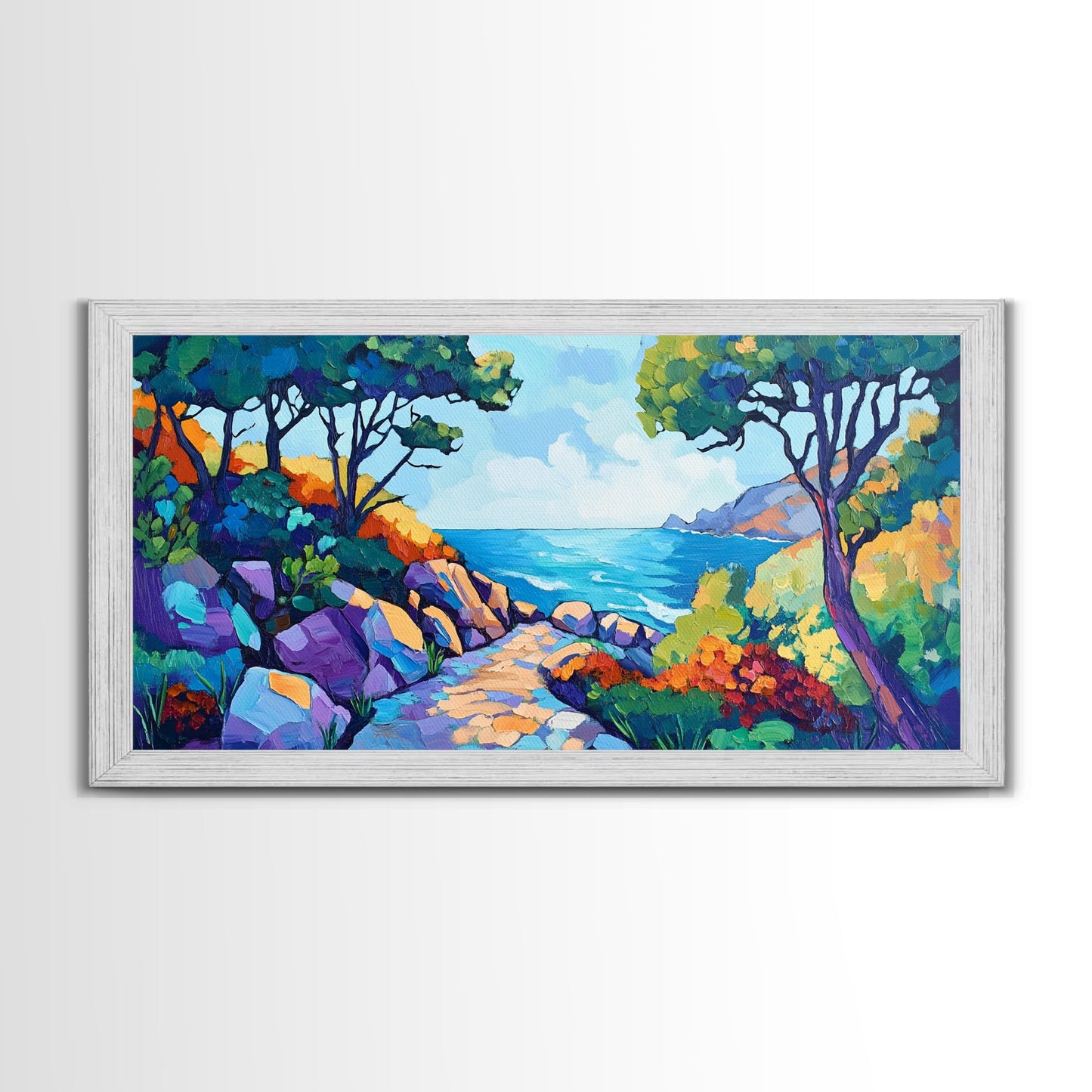 Coastal Pathway, bold colors, impressionist seascape, ocean view, vibrant painting, coastal wall art, Canvas Print, beach decor