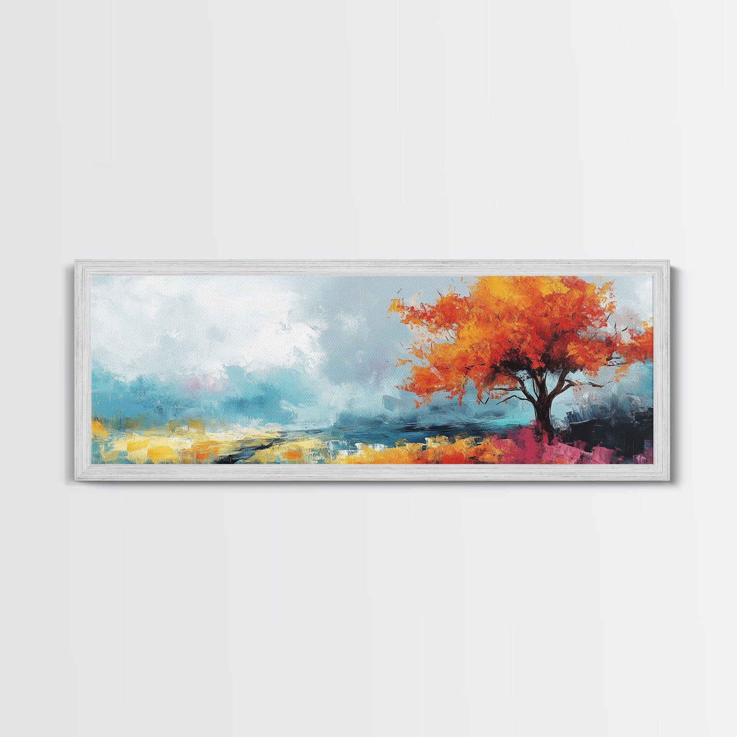 Autumn Tree Breeze Framed Canvas Print Vibrant Fall Foliage Painting Impressionist Seasonal Wall Art Warm Colors Living Room Decor