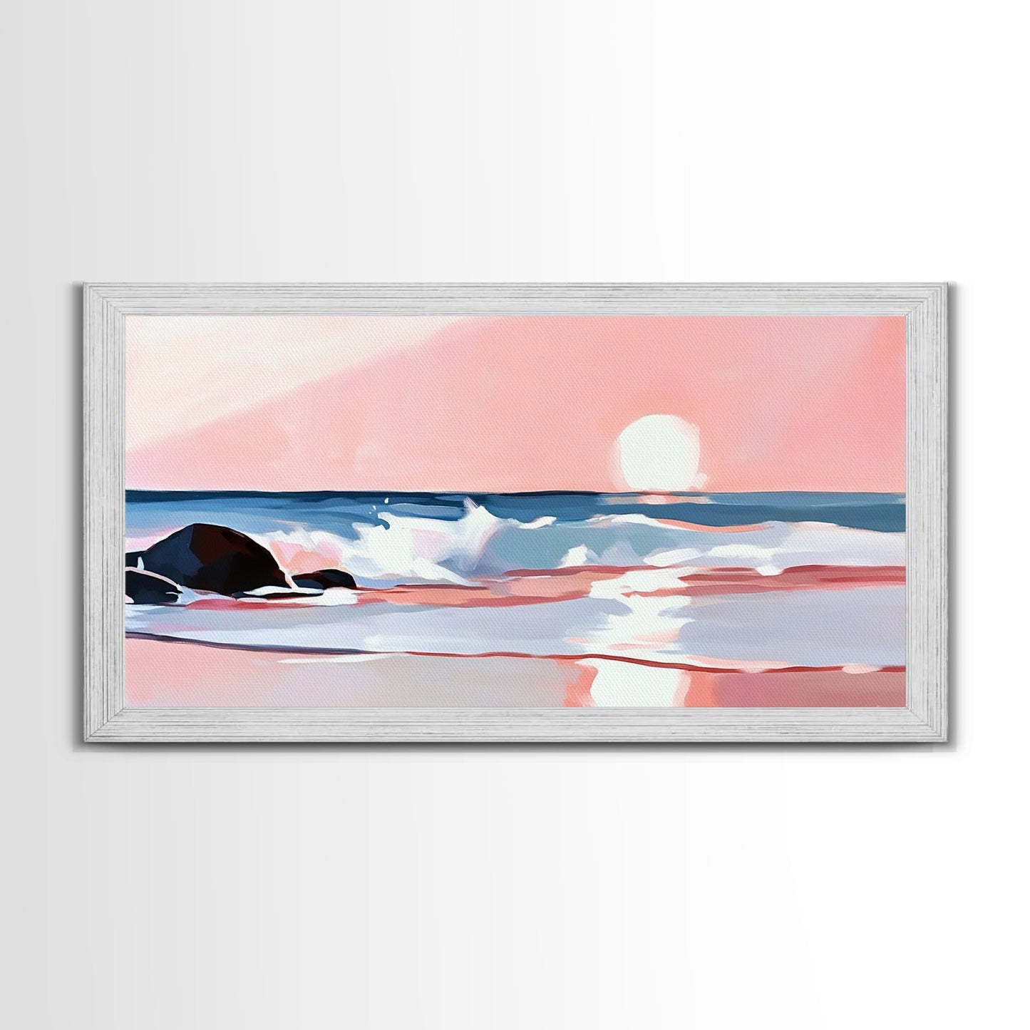Sunset Beach, Ocean Waves, Framed Canvas Print, Coastal Wall Art, Pink Sky Painting, Living Room Decor, Tropical Seascape
