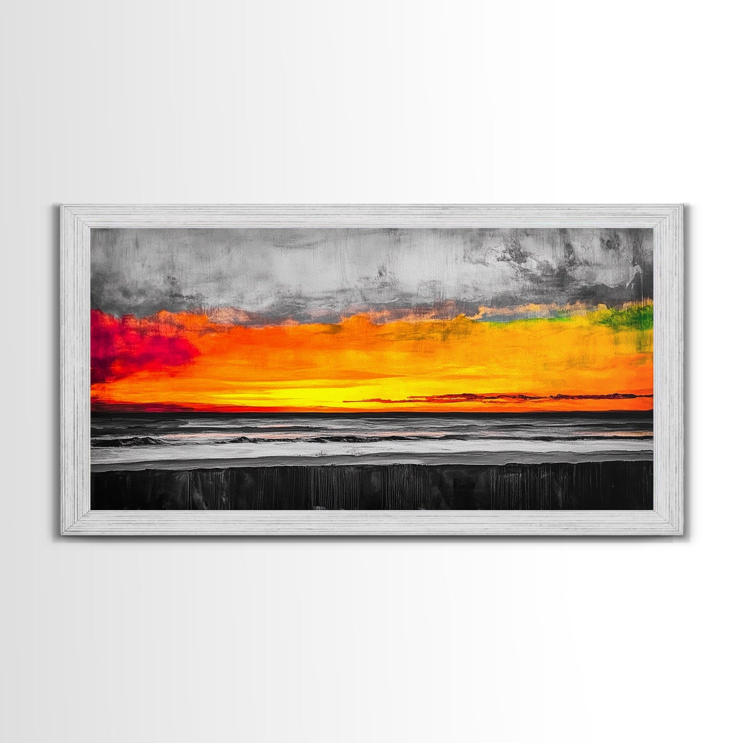 Coastal Sunset, Ocean Horizon, Bold Colors, Black and White Contrast, Modern Abstract, Warm Tones, Large Wall Art, Framed Canvas Print ?