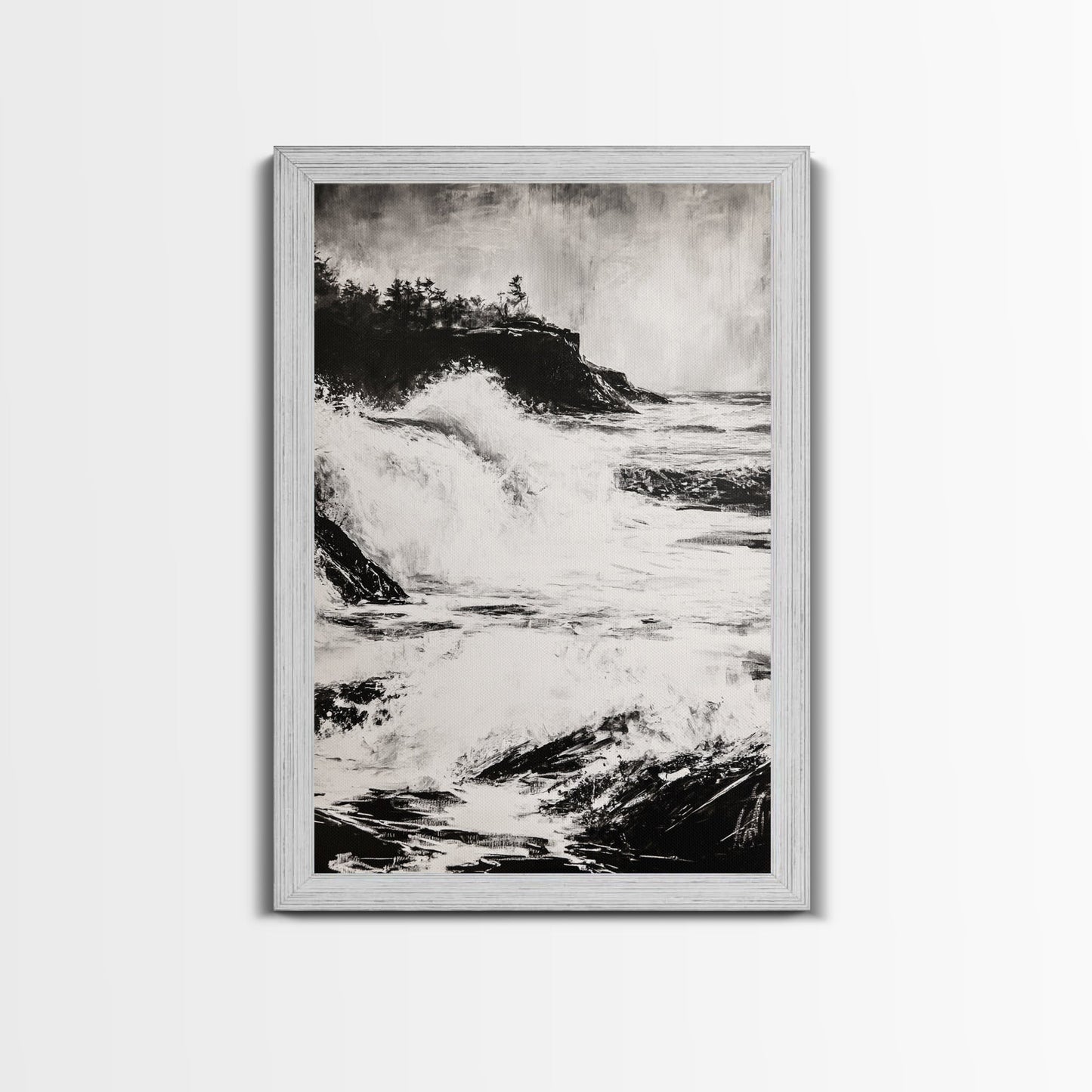 Ocean Waves, Seascape Painting, Framed Canvas Print, Beach House Decor, Nautical Wall Art, Black and White Art, Coastal Living Room