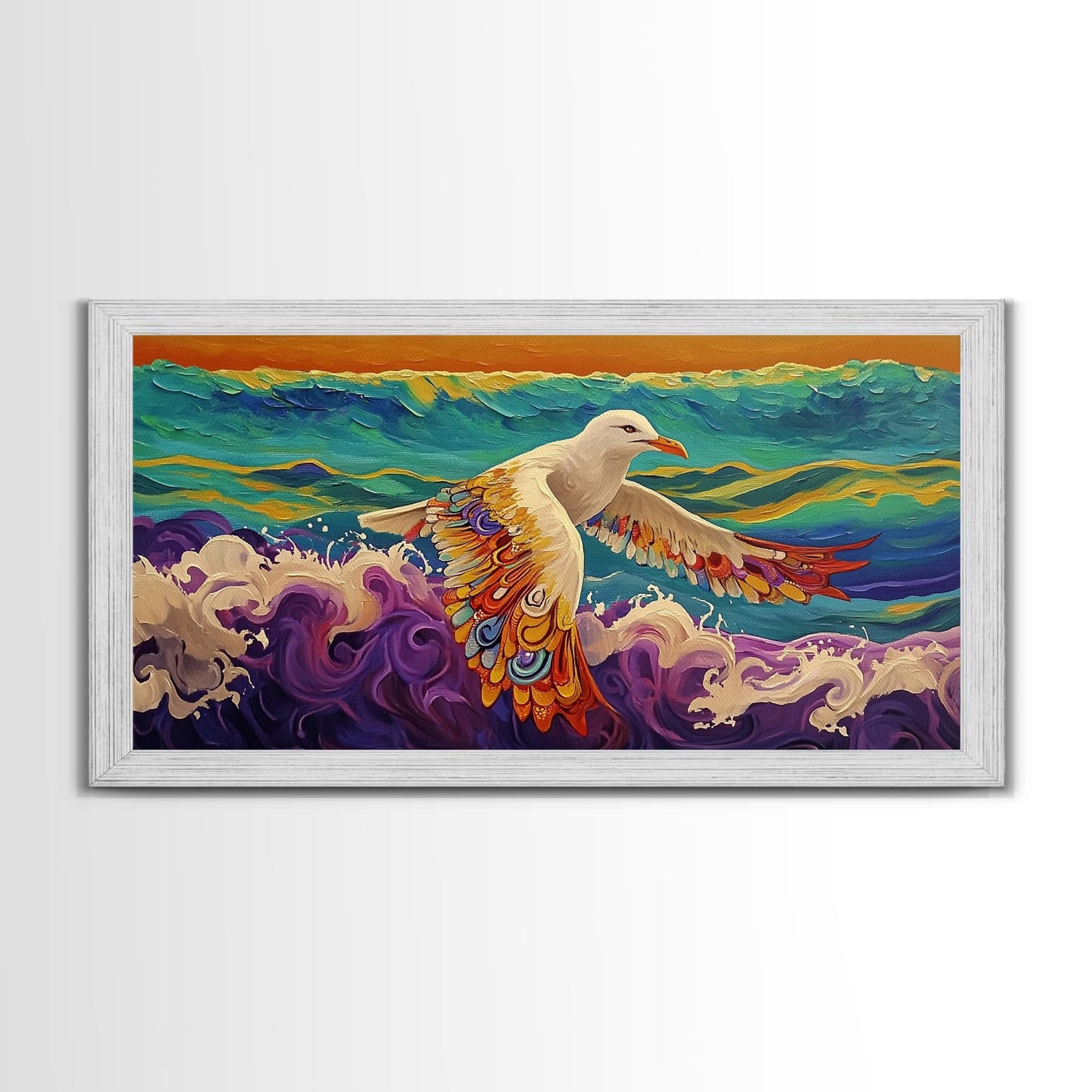 Seagull Ocean, Wings, Framed Canvas Print, Whimsical Bird Wall Art, Nautical Coastal Decor, Colorful Beach Painting, Boho Wall Art