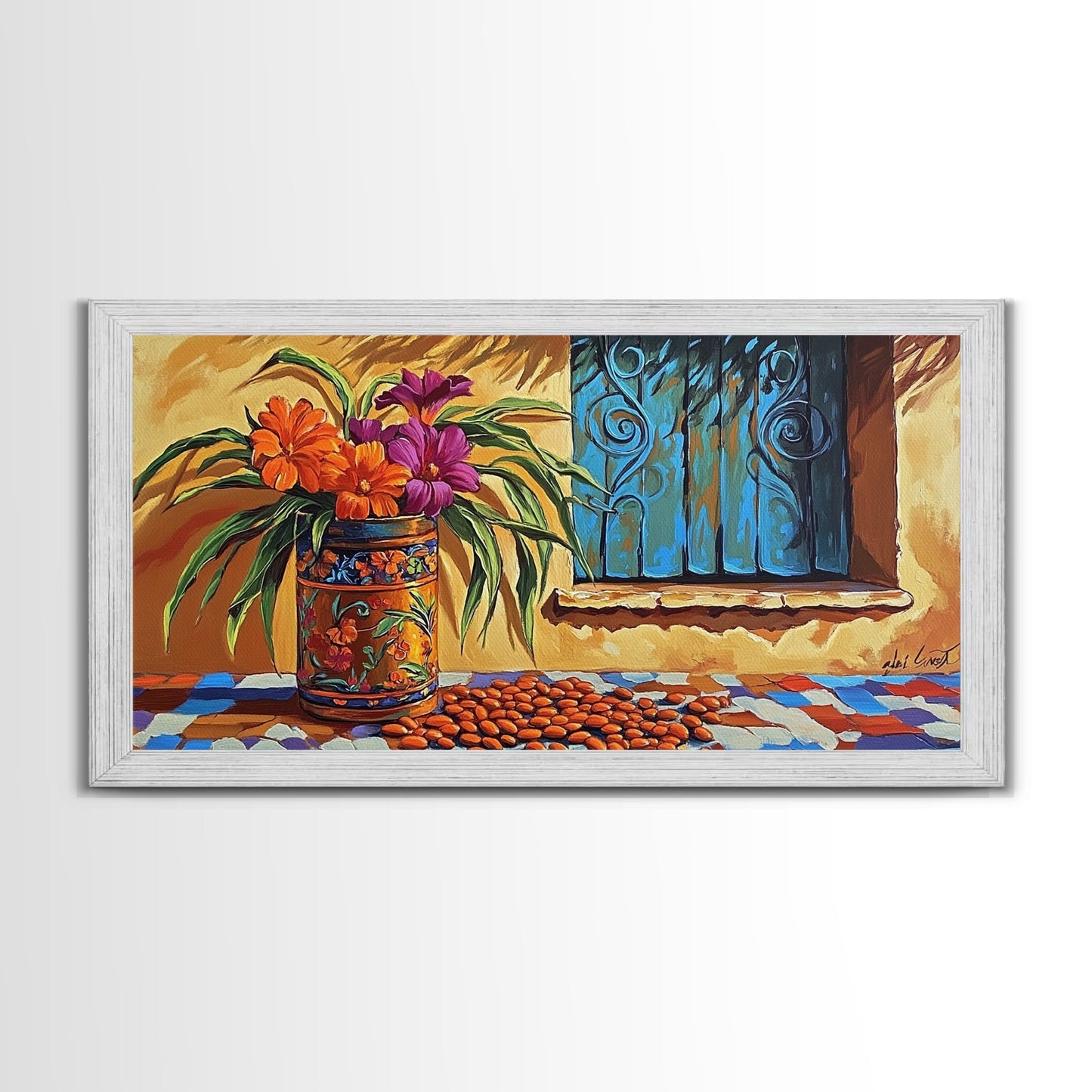 Flowers Pottery, Window, Still Life, Canvas Print, vibrant floral still life wall art, Mexican pottery, rustic kitchen décor