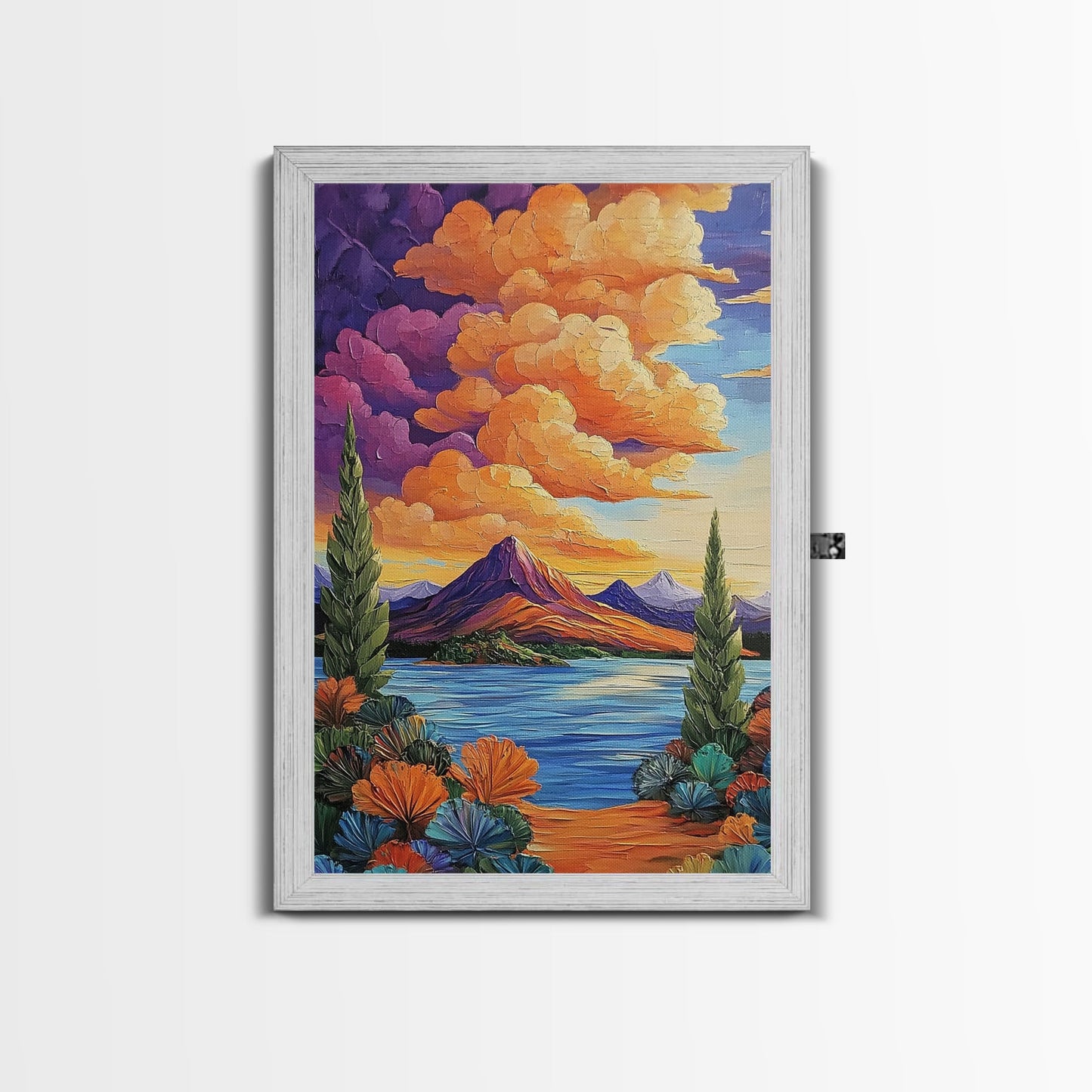 Mountain Lake, Cloudscape, Reflection, Framed Canvas Print, Bold sunset wall art, vibrant color landscape, Cabin or Living Room Wall Art