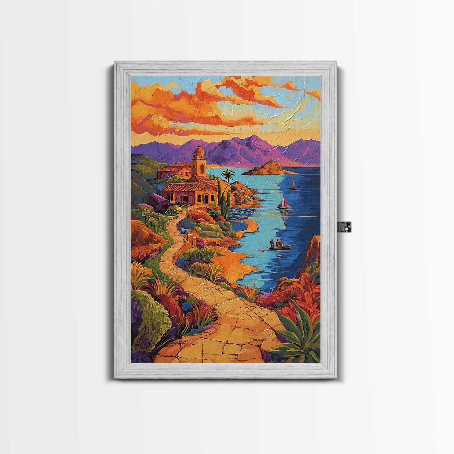Coastal Village, Pathway, Sunset, Framed Canvas Print, Mediterranean coastal art, colorful landscape painting, boho living room wall decor