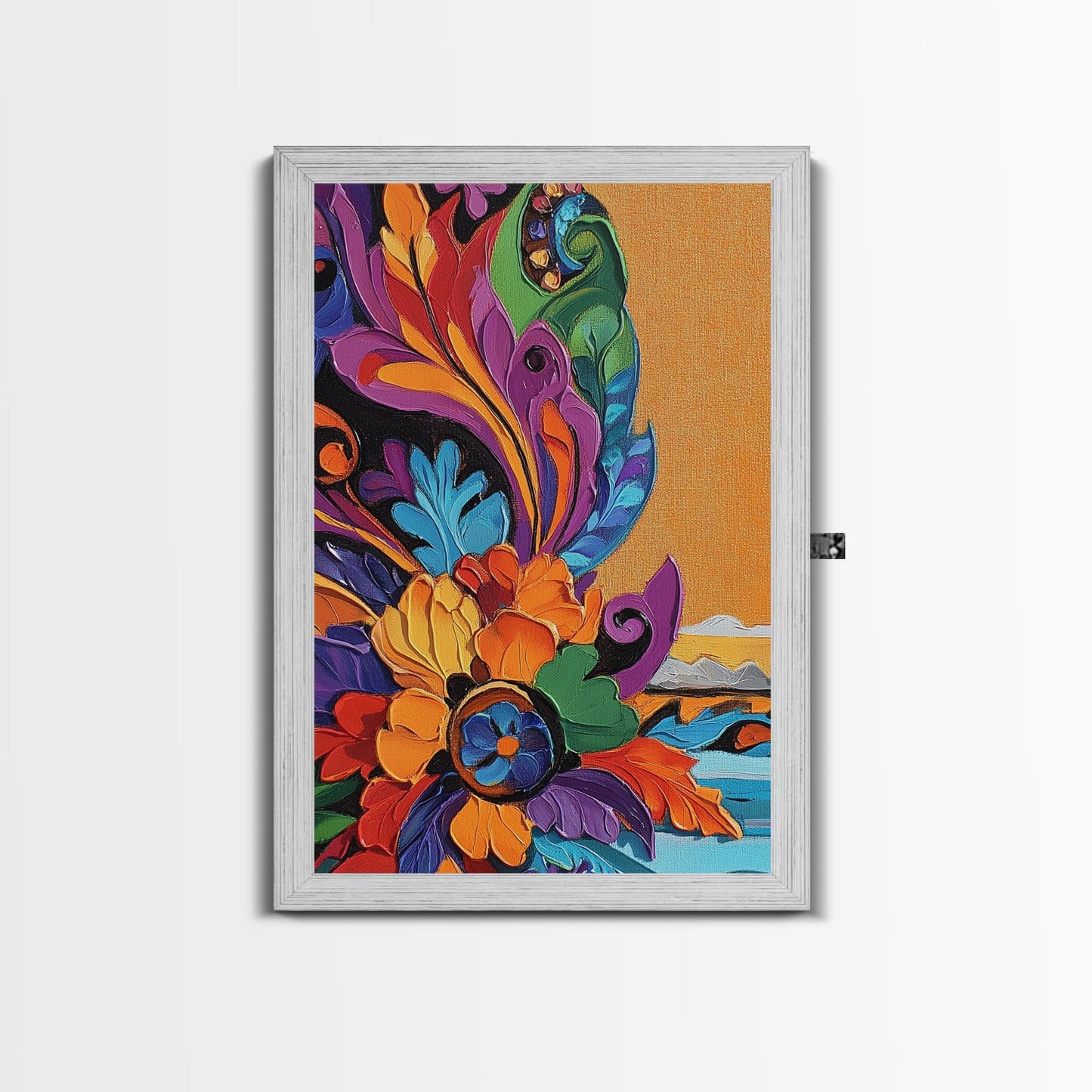 Fiesta Flower, Southwest Pattern, Mexican Style, Bright Floral, Framed Canvas Print, Kitchen Wall Art, folk boho art, vibrant decor