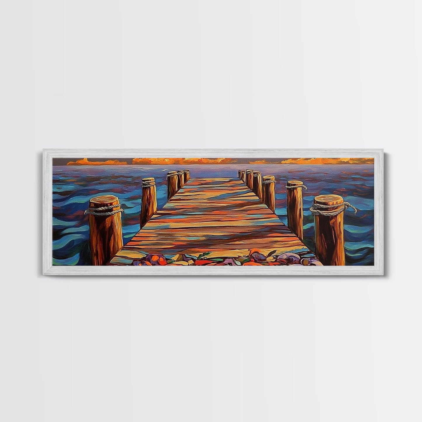 Wooden Dock Sunset, Ocean Pier Painting, Tranquil Seascape Decor, Nautical Beach House Style, Framed Canvas Print