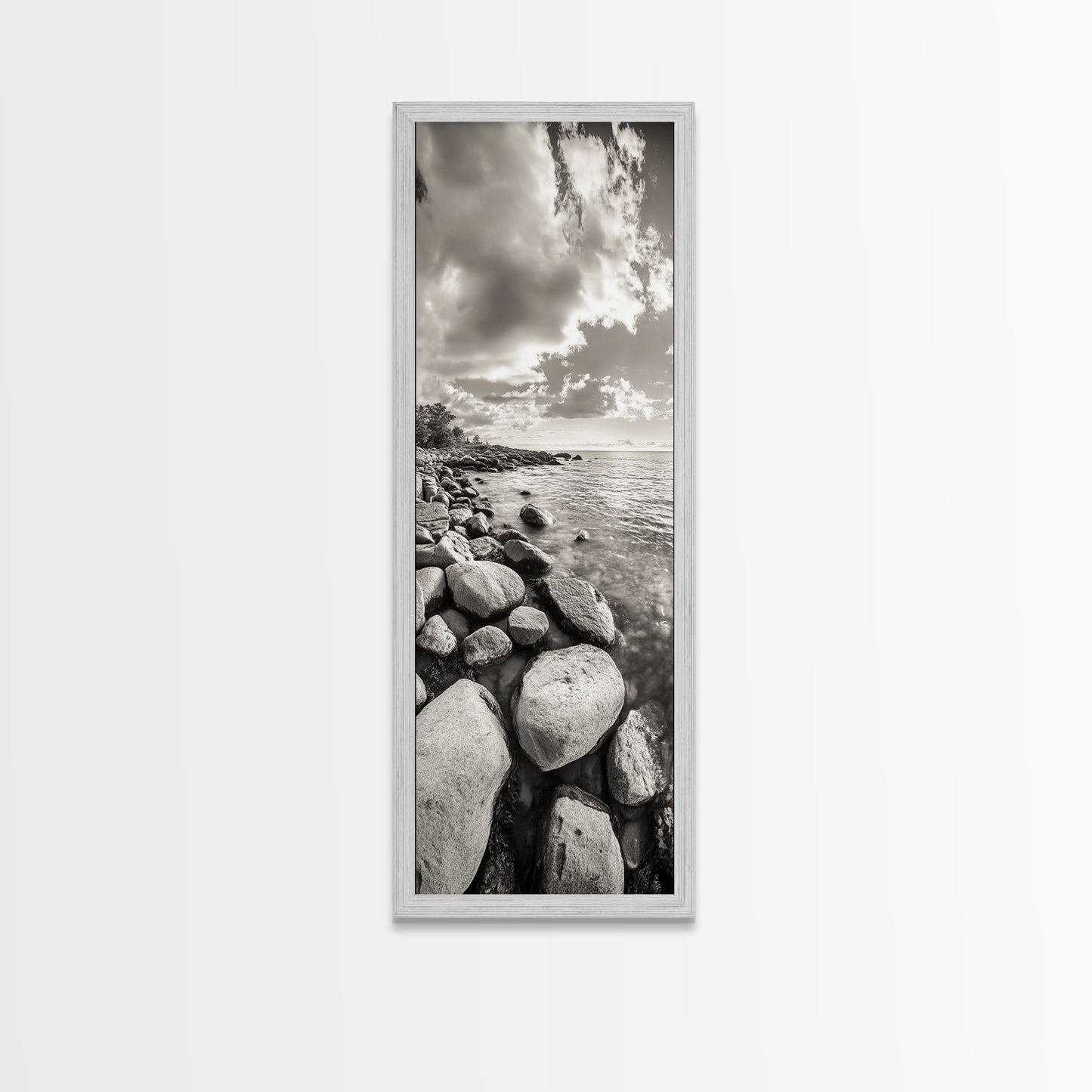 Sunrise Shore, Tranquil Coast, Pebble Beach, Golden Glow, Framed Canvas Print Fall Wall Art, Landscape Living Room Decor, Minimalist Aesthetic