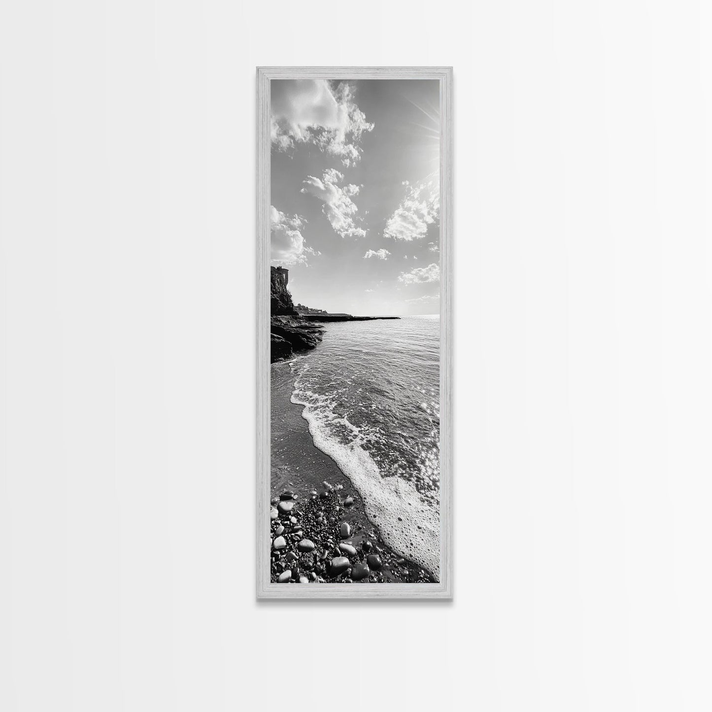 Coastal Shoreline, Pebble Beach, Ocean Breeze, Canvas Print, Bathroom Wall Art, Minimalist Decor, Black White Photography, Seaside Vibe