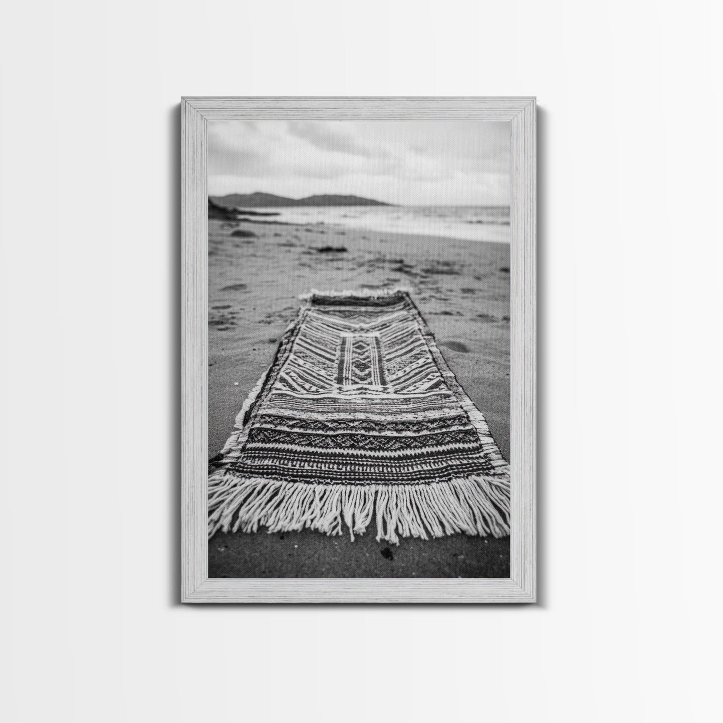 Woven Rug Beach, Bohemian Escape, Textile Texture, Black and White Canvas Print, Boho Bedroom or Yoga Studio Wall Decor