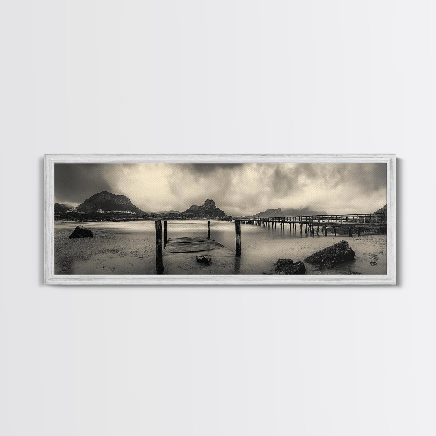 Dockside Calm, Stormy Shore, Ocean Jetty, Framed Canvas Print, Moody Coastal Wall Art, Living Room Art, Rustic Lakehouse Decor