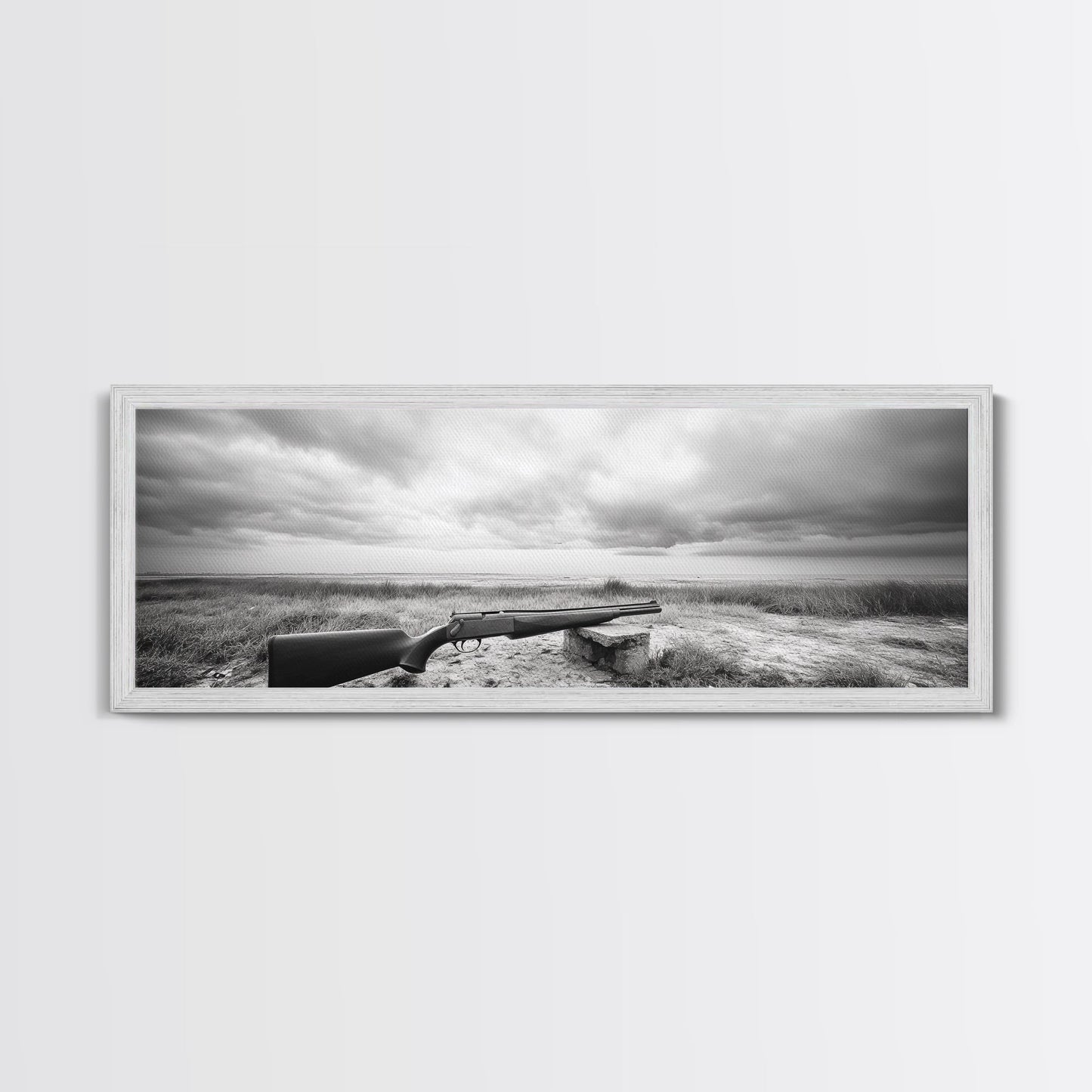 Coastal Rifle Scene, Outdoorsman Decor, Field and Sky Black and White Framed Canvas Print, Autumn Cabin or Lodge Wall Art